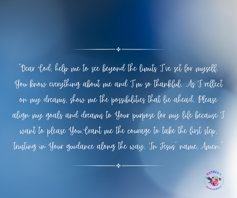 A serene blue background featuring a heartfelt prayer asking God for the vision to see beyond self-imposed limits and the courage to take the first step toward a seemingly impossible dream. The calming design invites reflection, faith, and trust in God's guidance.