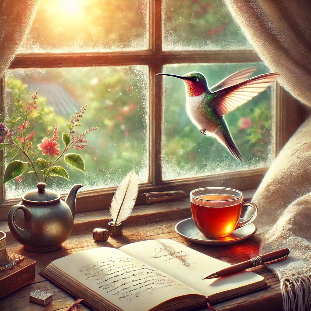 A hummingbird hovers outside a window where a journal, pen, and a cup of tea rest on the sill, evoking reflection, faith, and new beginnings.

