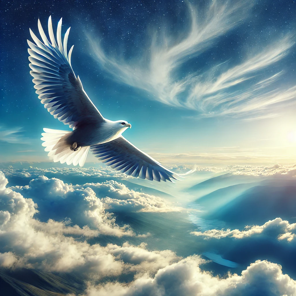 A majestic bird soaring high above the clouds, wings spread wide, representing freedom, faith, and breaking past limitations.

