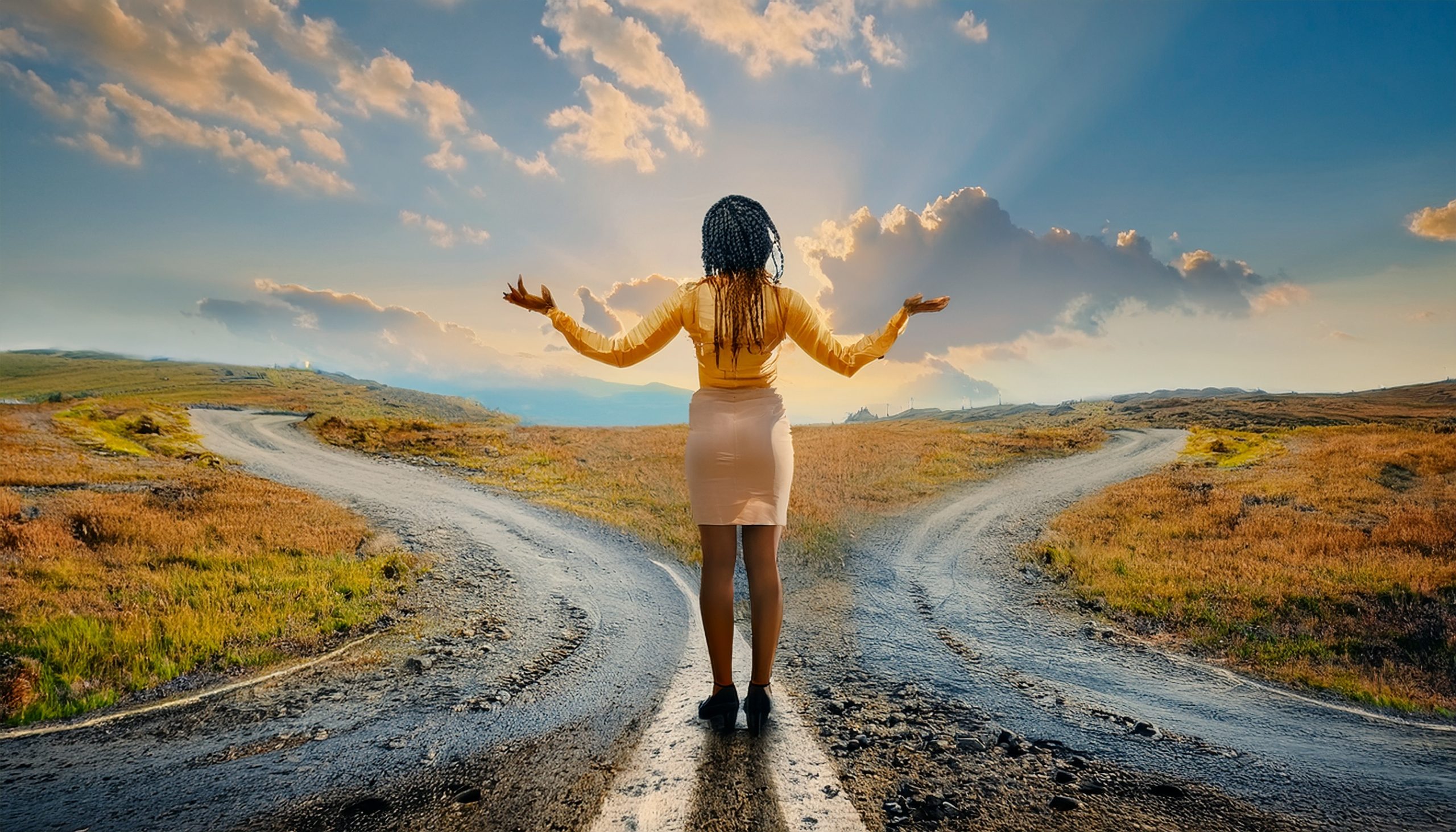 Standing at a crossroads, hands up like, ‘Alright, God… which way now?’ Trusting, questioning, and ready for what’s next."