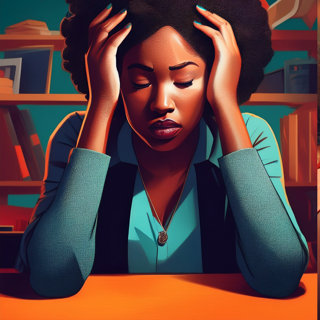 A woman sitting at a desk with her head in her hands, visibly exhausted, capturing the struggle of burnout and mental fatigue.