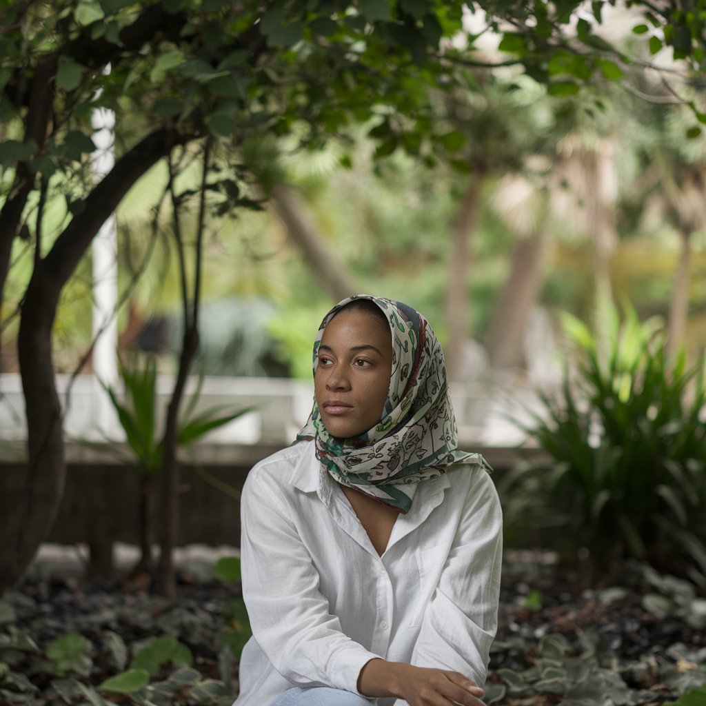 A woman sitting alone on a bench in a peaceful park, lost in deep contemplation, surrounded by nature's beauty, reflecting on her thoughts and feelings.