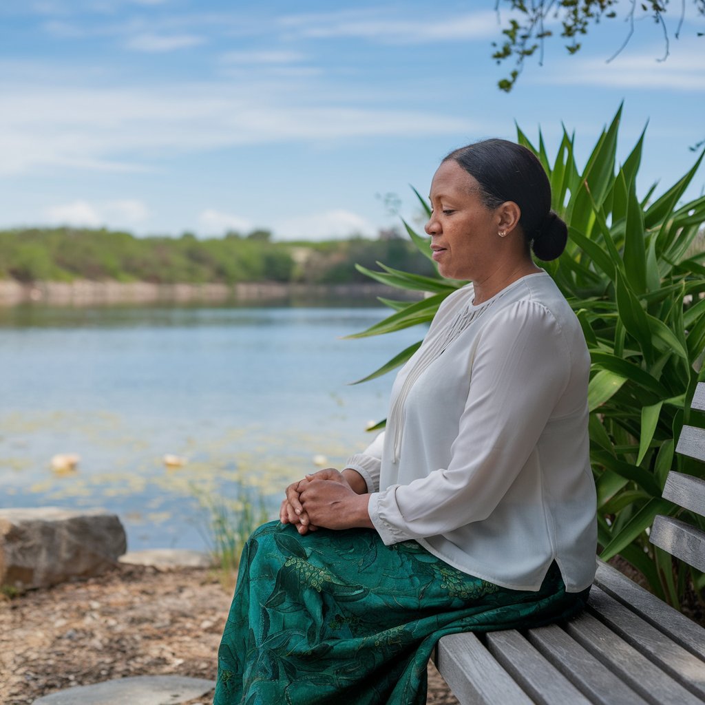 Midlife woman sitting outdoors by the water, looking reflective and peaceful, surrounded by natural scenery.