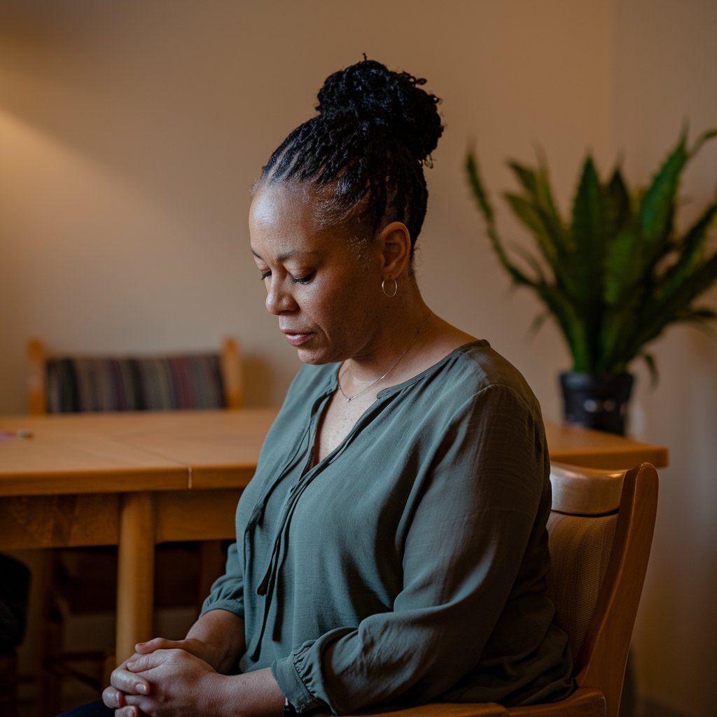 Woman sitting in chair in a posture of prayer or deep meditation. 