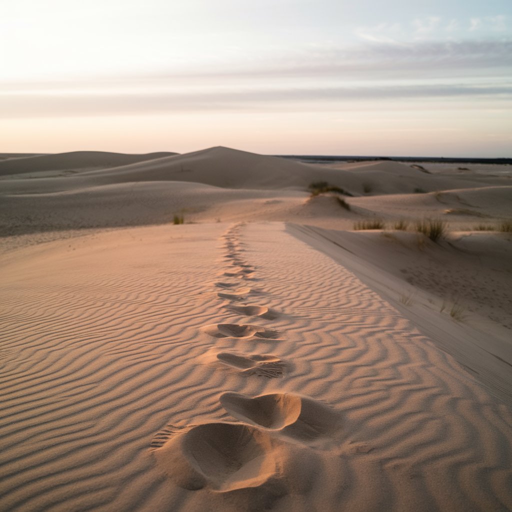  Footprints in the sand along a quiet beach.