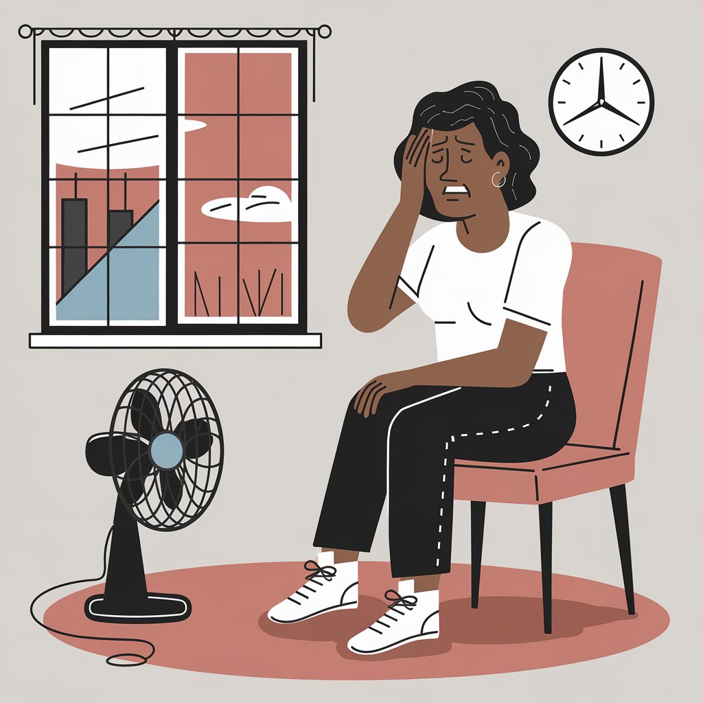 A middle-aged woman fanning herself near an open window, visibly flushed and uncomfortable, symbolizing the intensity of a menopausal hot flash.

