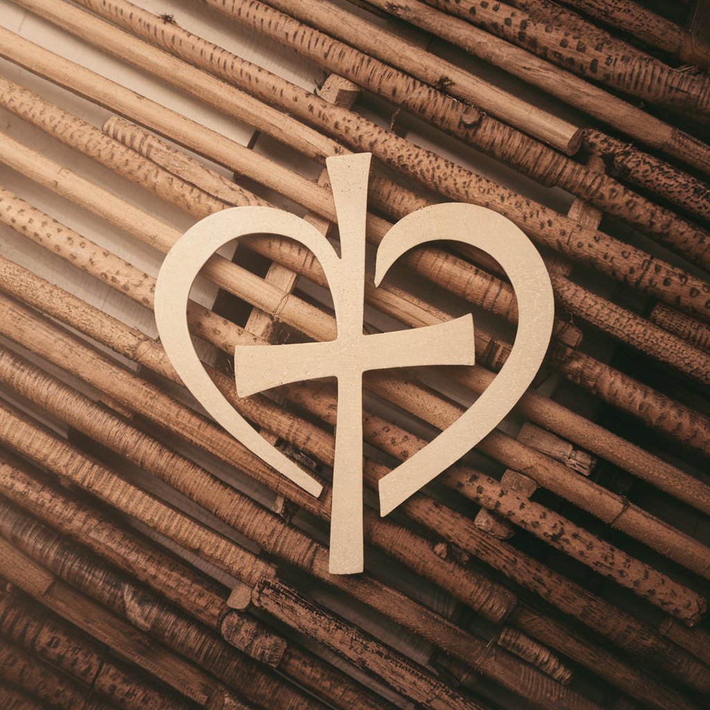 Handmade wooden cross inside a carved wooden heart, symbolizing faith and love.
