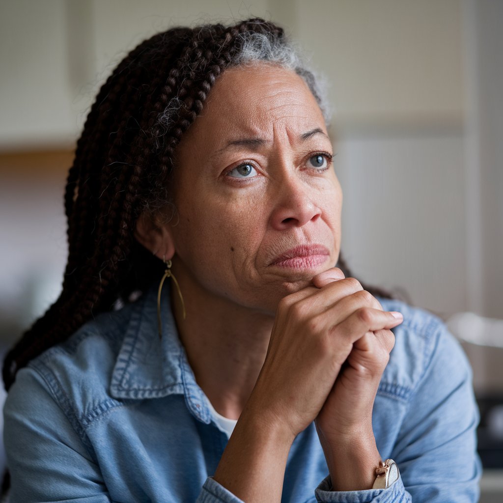 Woman sitting quietly, looking down in deep thought, reflecting with a pensive expression.