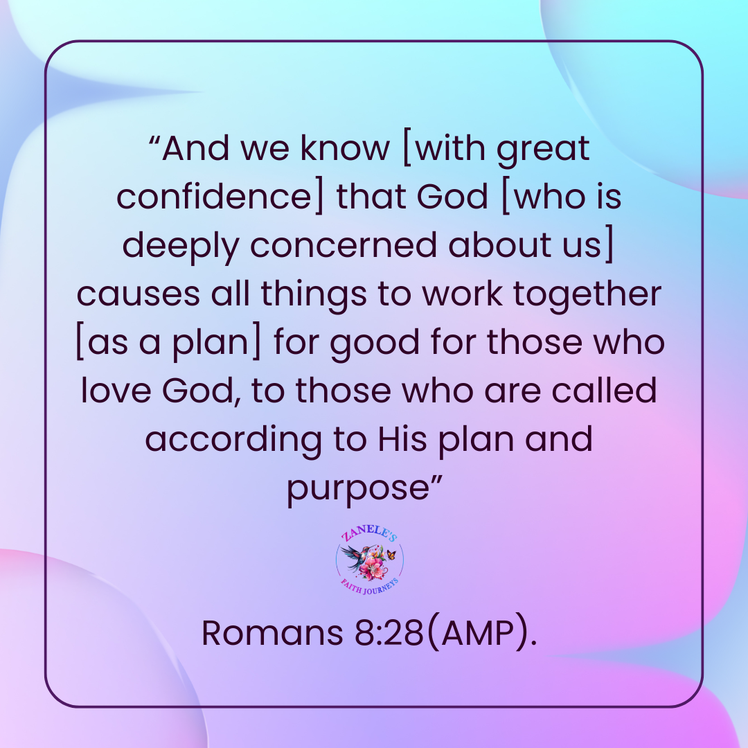 Inspirational scripture card featuring Romans 8:28 from the Bible, with elegant typography symbolizing hope and purpose."