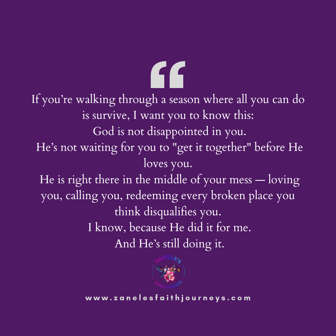 Encouraging graphic with faith-centered message reminding readers that God's love meets them in their brokenness, offering redemption and unconditional acceptance.