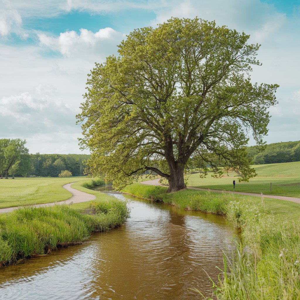 A tree with deep roots growing next to a flowing stream, representing nourishment and spiritual grounding in faith.