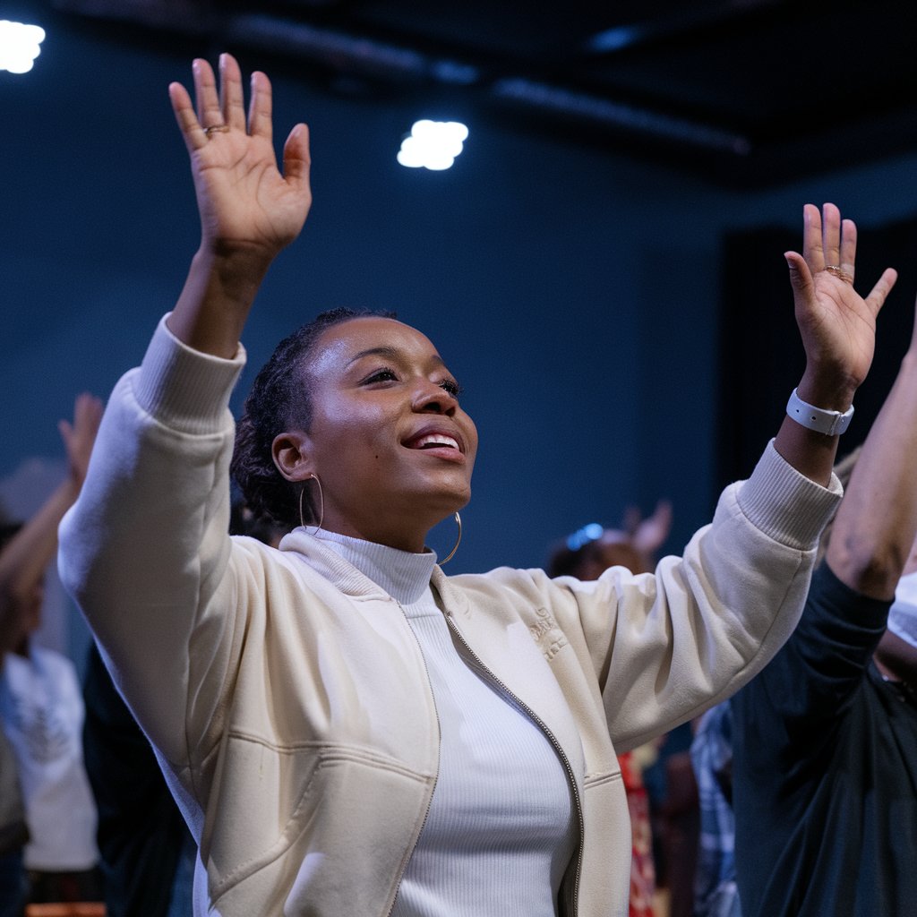 Woman with arms raised toward sky in worship and surrender to God.