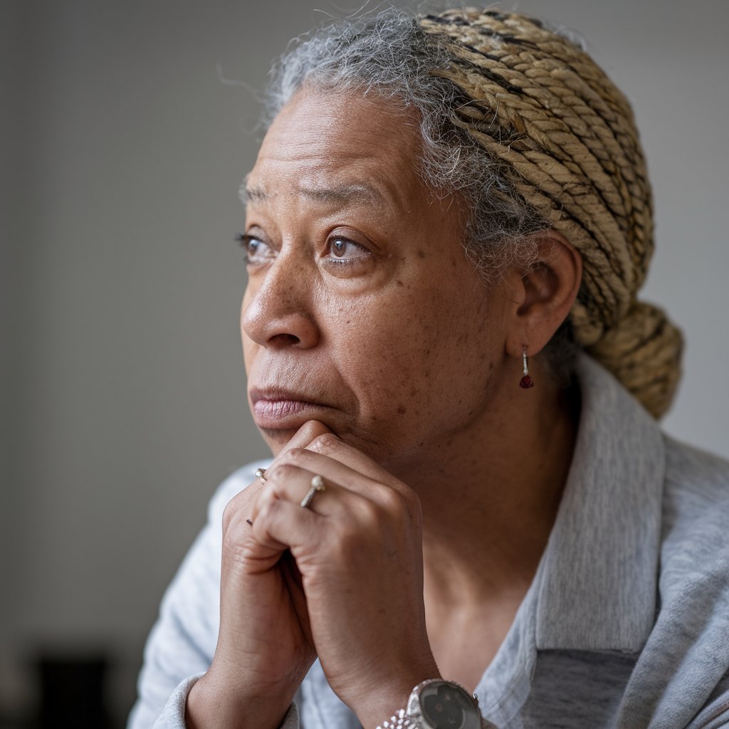 Woman in contemplative pose, deep in thought or prayer.