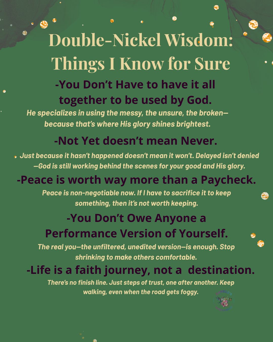 Canva graphic titled 'Double-Nickel Wisdom: 5 Things I Know for Sure' with a clean, inspirational layout listing five life lessons learned by age 55.