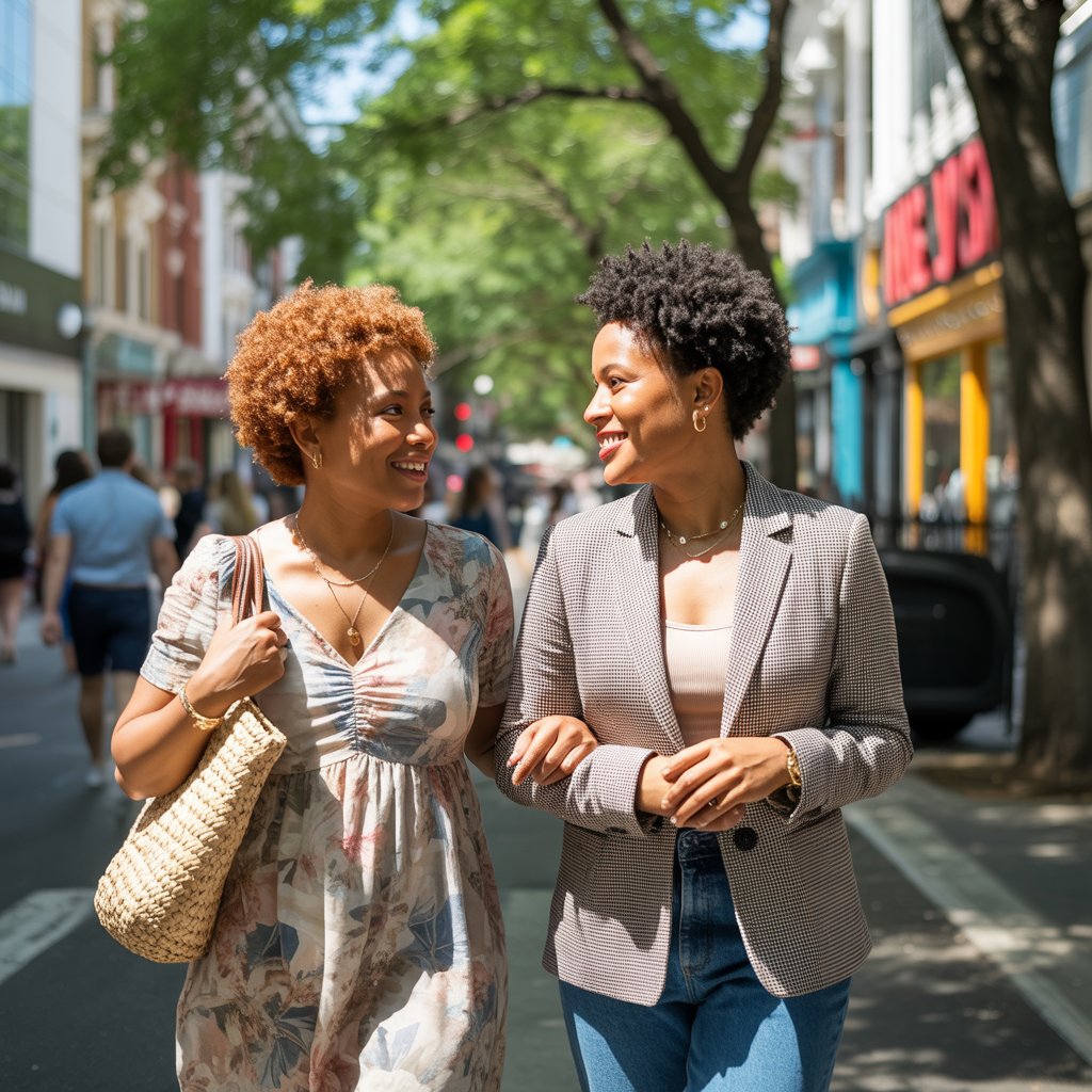Two women in their 50s or older walking side by side, smiling, on a path or sidewalk.