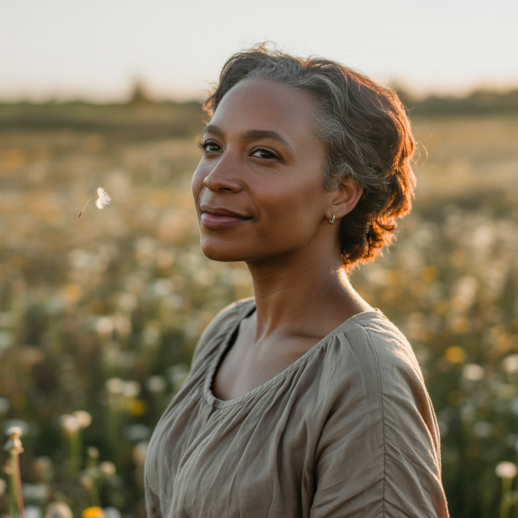 Close-up of a mature woman smiling gently, her expression calm and confident, reflecting peace and quiet strength.

