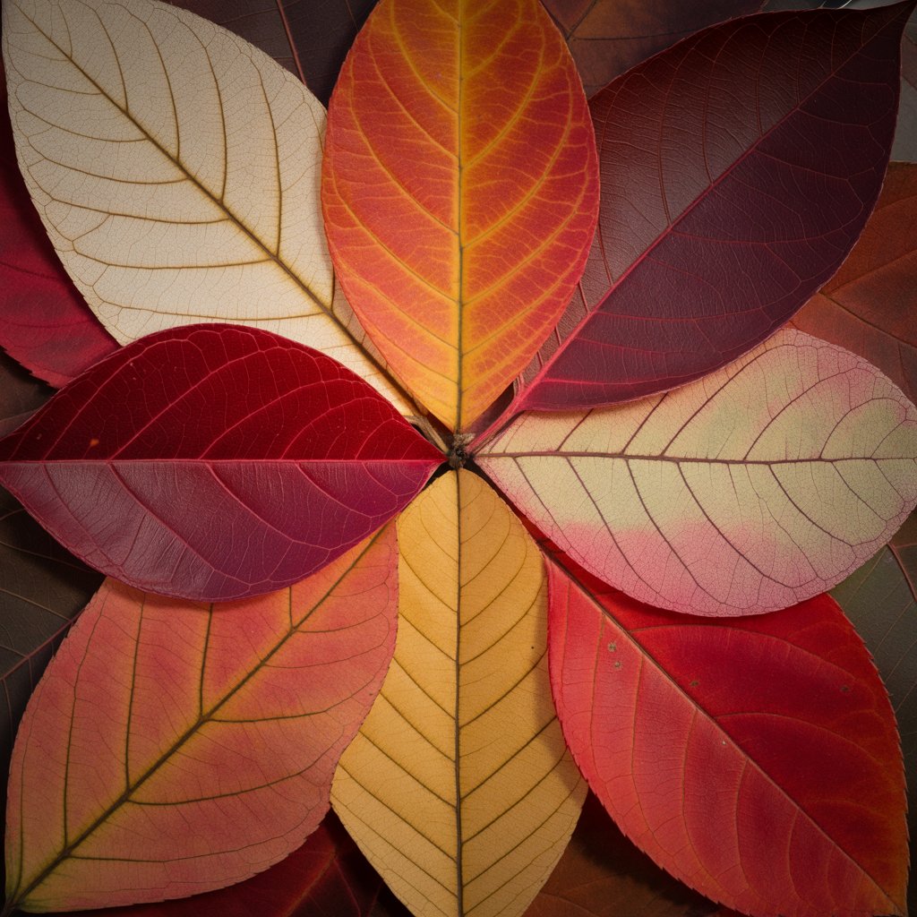 Abstract collage of overlapping leaves in muted earth tones, symbolizing the layered, evolving journey of midlife and personal transformation.

