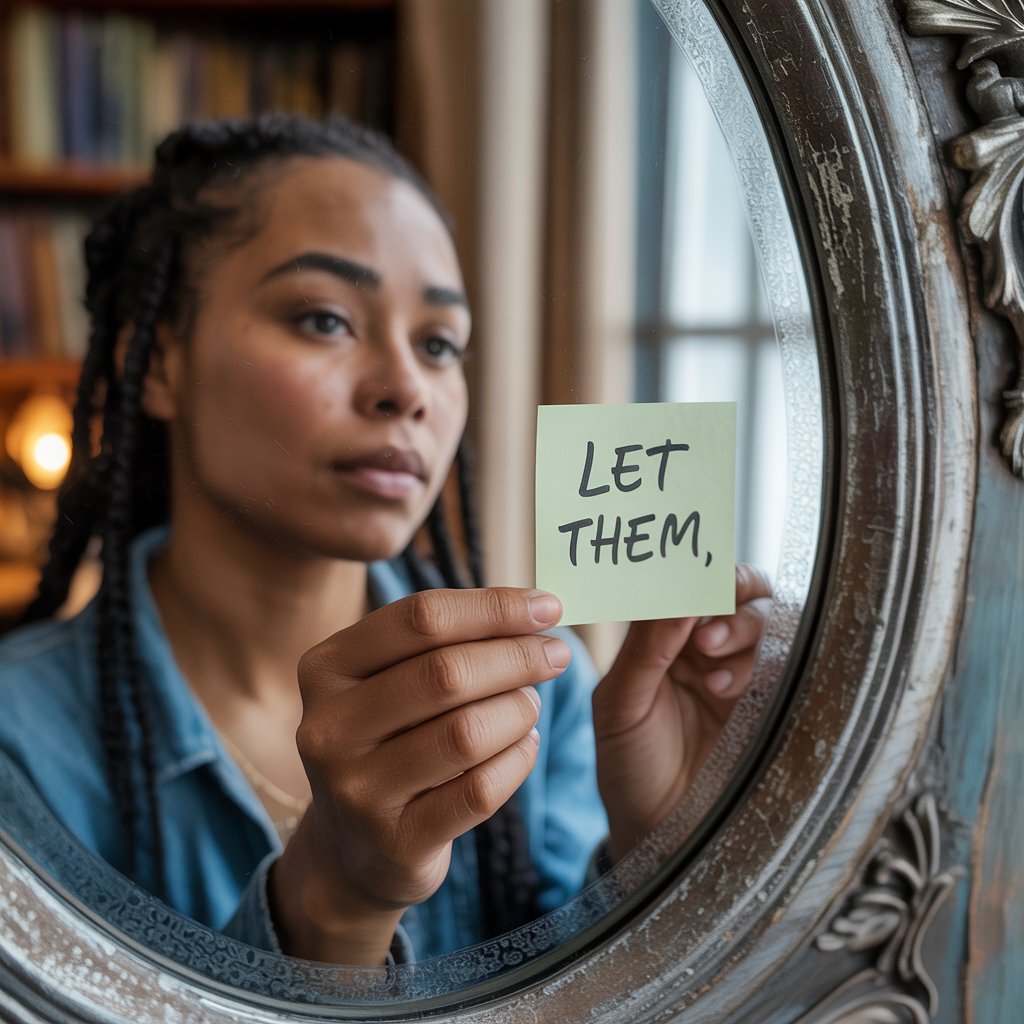 A woman’s hand placing a note on a mirror that says “Let Them” in bold letters.
