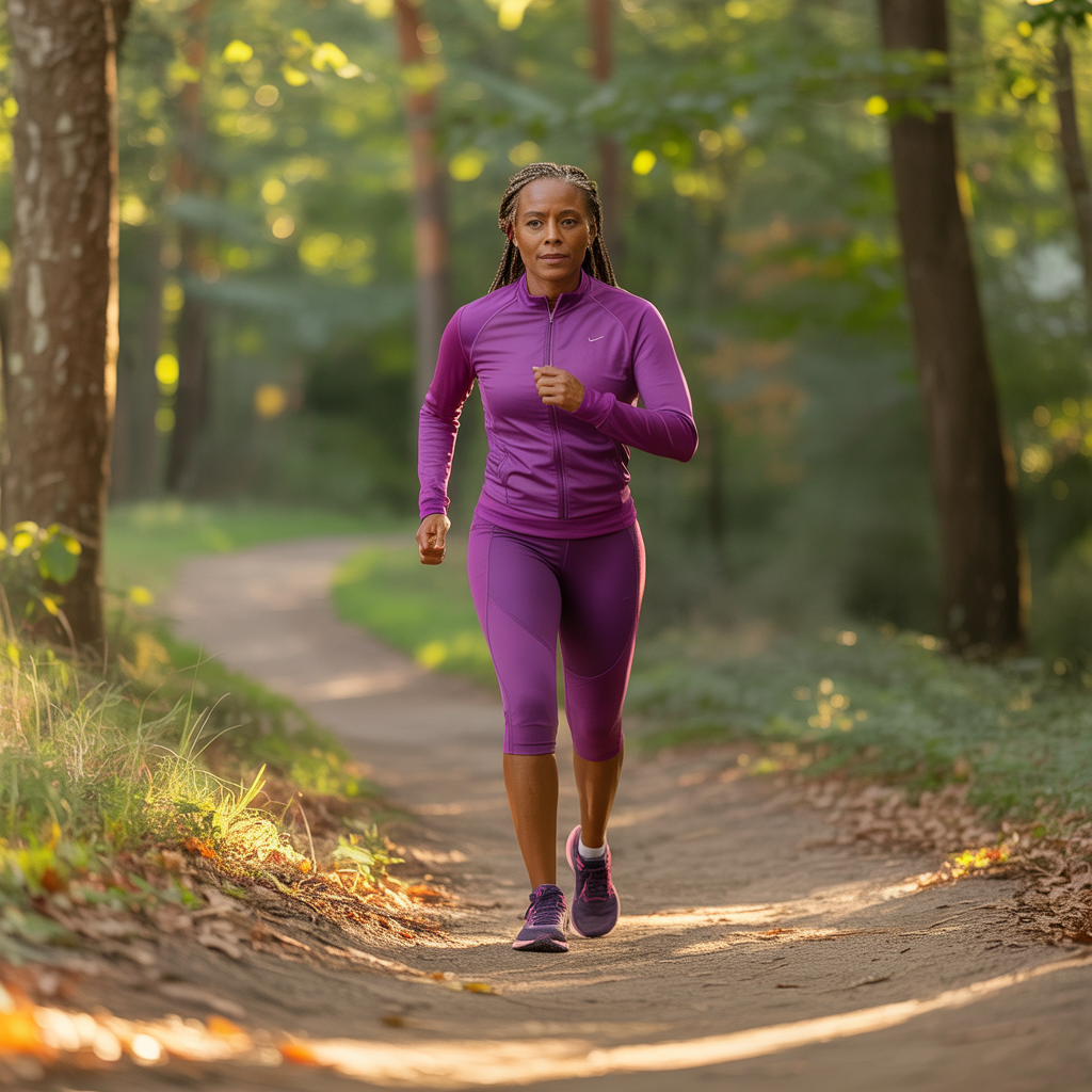 Woman walking on a park path, illustrating gentle movement for stress relief.