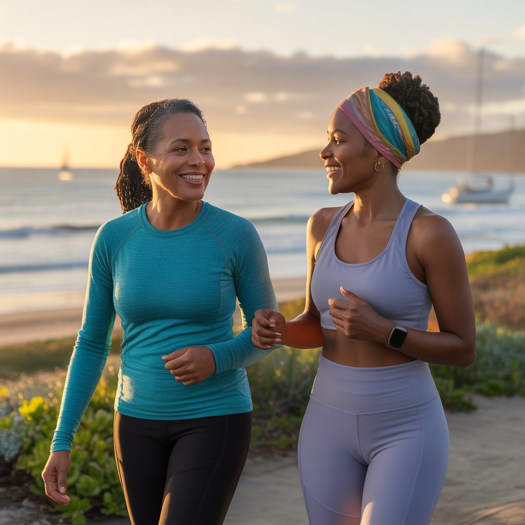 Two women walking at sunrise on a quiet path, stepping forward with intention and peace.

