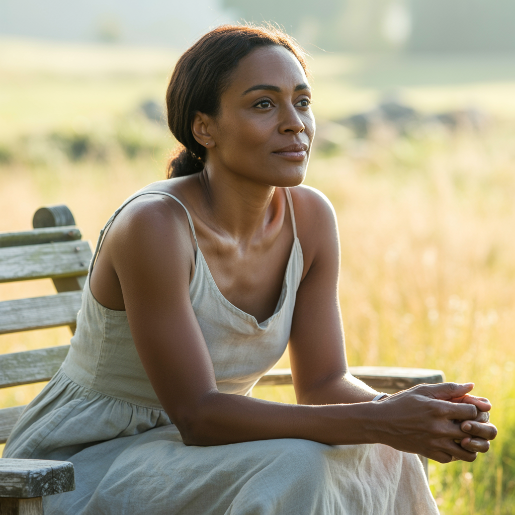 Woman sitting alone looking thoughtful/contemplative
