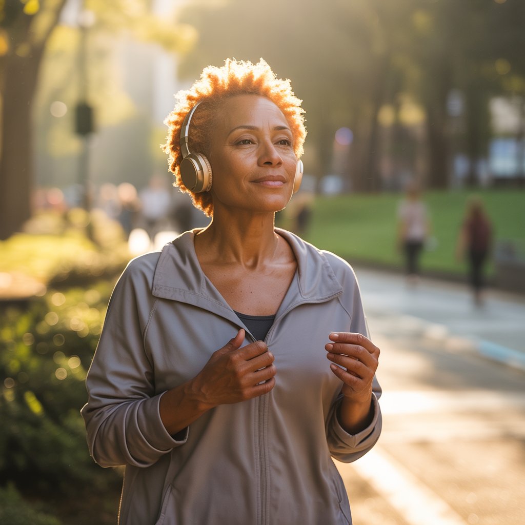 Midlife woman in fitness gear, preparing to walk, her expression both tired and determined.

