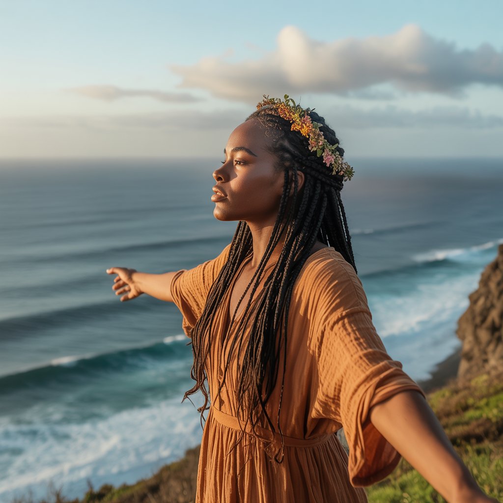 Woman with outstretched arms looking out at the ocean horizon, symbolizing letting go and trust.