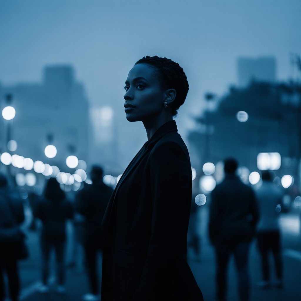 Silhouette of a woman standing alone, confidently looking ahead.
