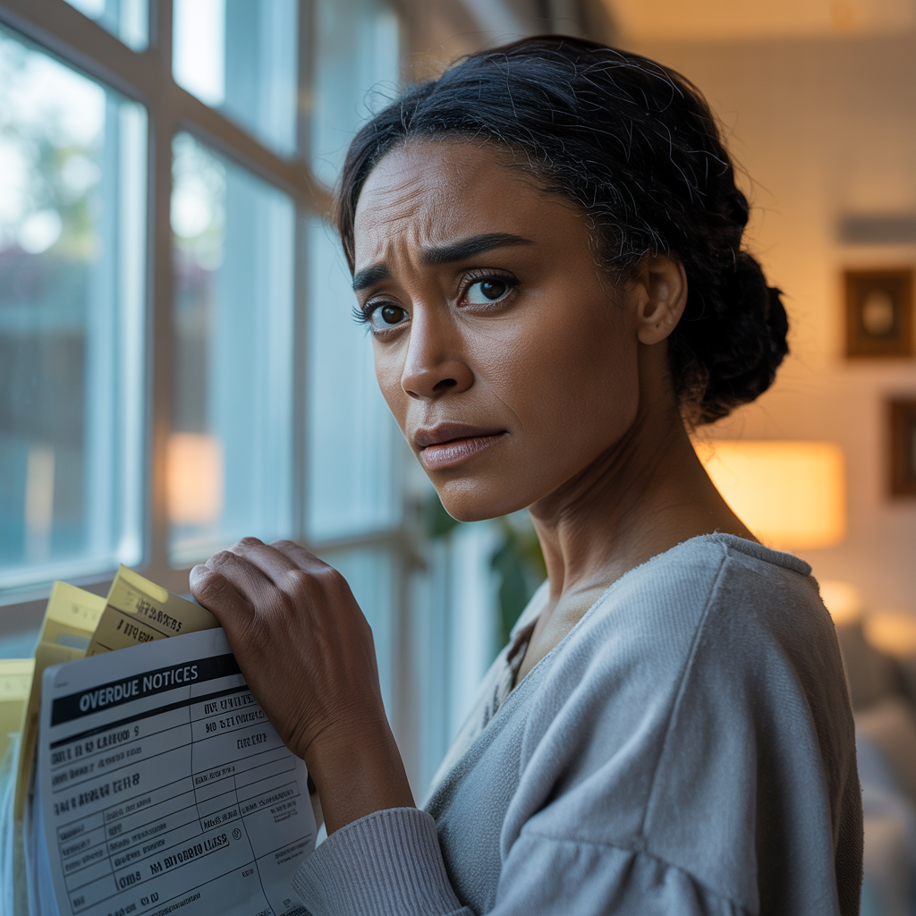 Woman looking out a window, deep in thought, holding past due bills.