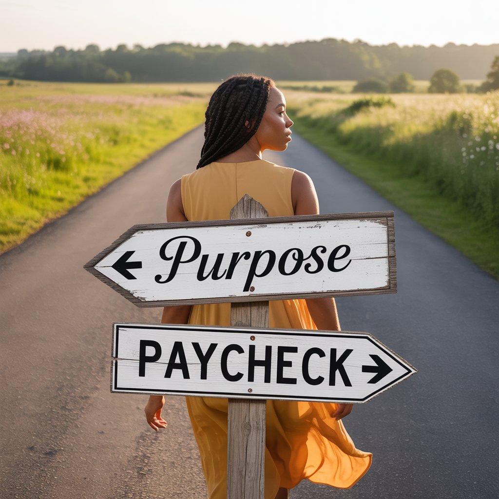 A woman walking a  road toward a signs marked ‘Purpose and Paycheck'.
