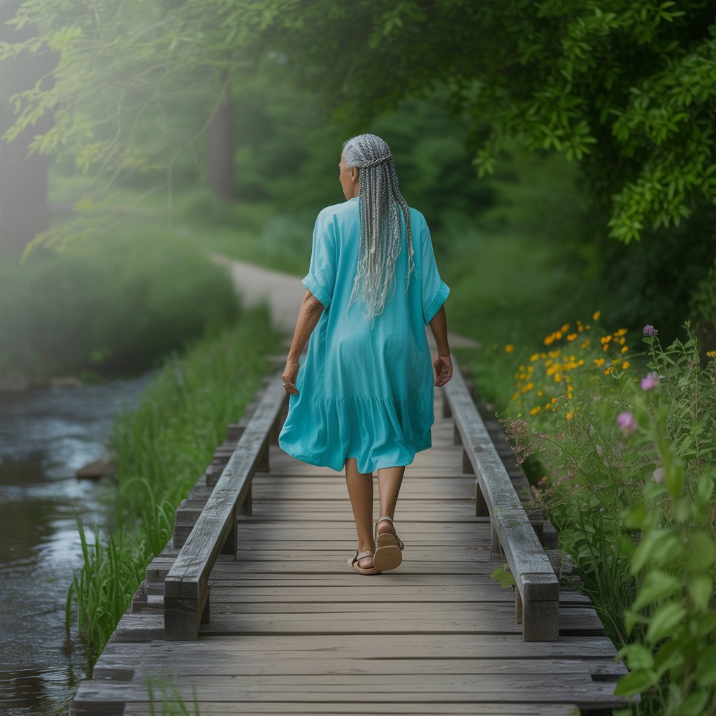 Woman walking on a path or bridge, shot from behind, showing forward movement