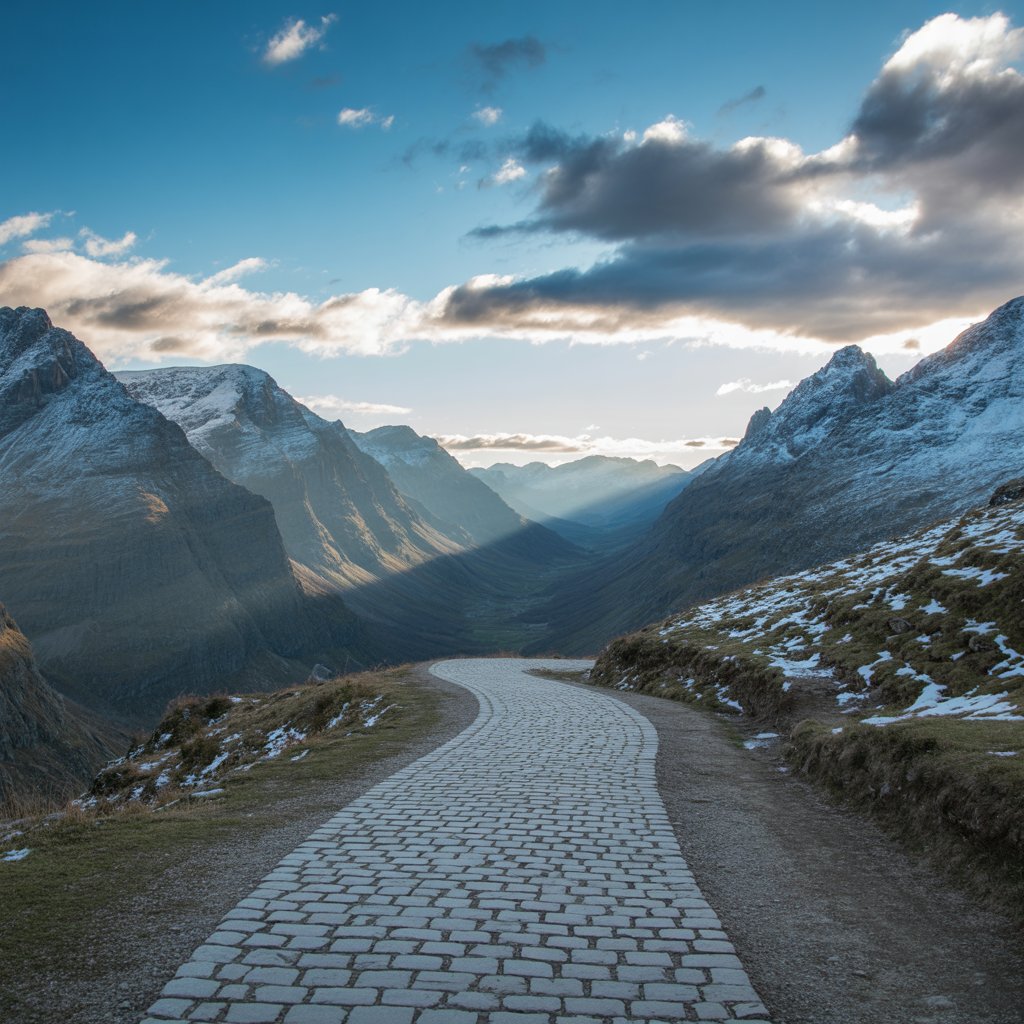 Winding path through mountains representing life's journey with unexpected turns and beautiful destinations.
