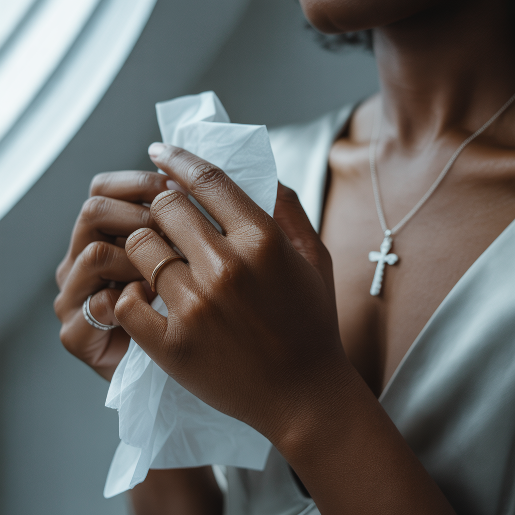 Hands holding a tissue and a cross necklace in a moment of quiet reflection.