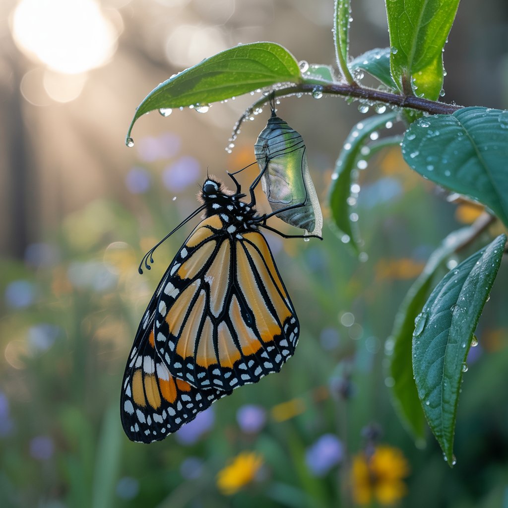 Close-up of a butterfly emerging from its chrysalis, wings unfolding in vibrant color.”