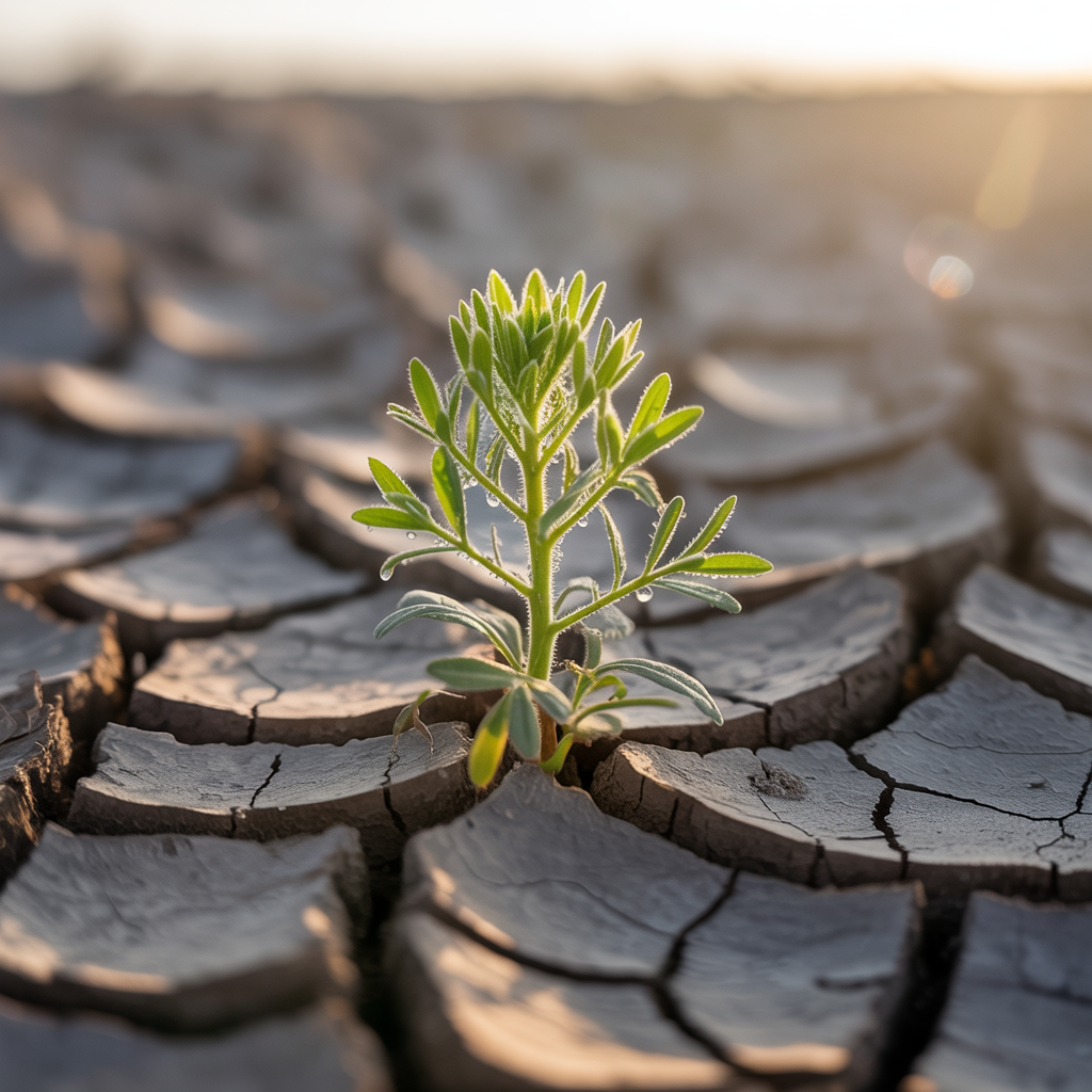 Green plants growing through cracked concrete surface, symbolizing resilience and growth through difficult circumstances.