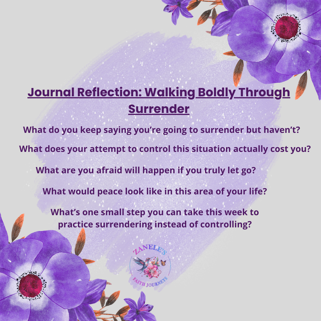 Journal prompts graphic with purple watercolor flowers titled "Walking Boldly Through Surrender" with 5 reflection questions about letting go and practicing surrender