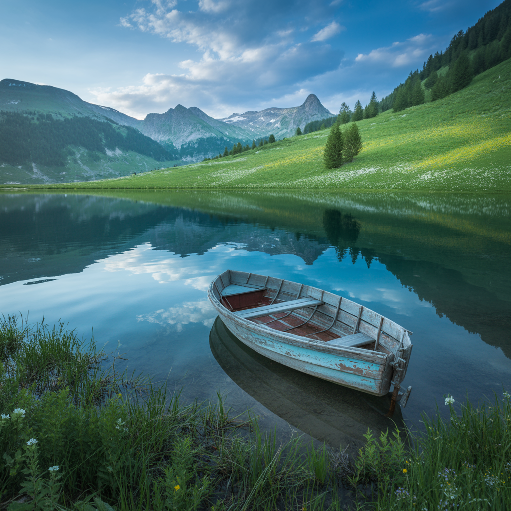 Peaceful mountain lake with a Small wooden boat floating on calm water, surrounded by green hills and mountains under a cloudy sky.
