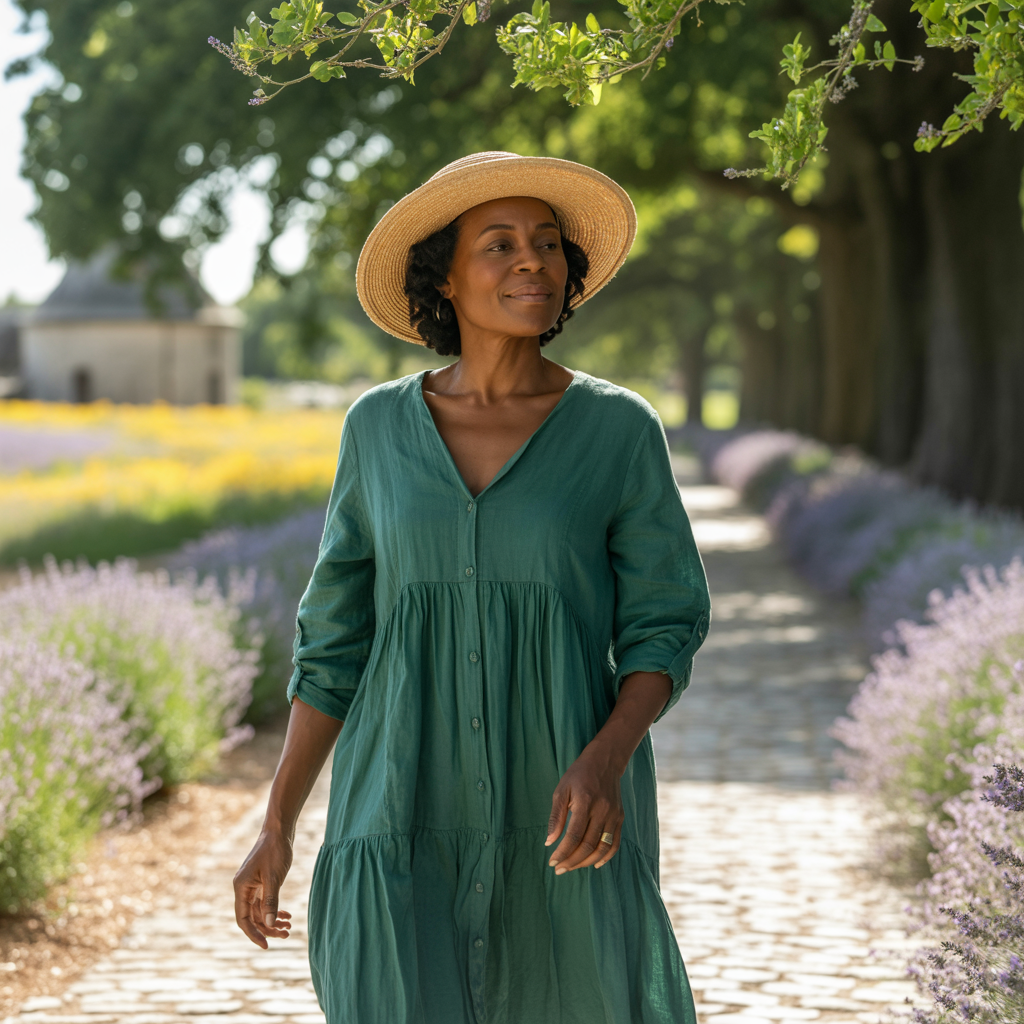 Middle-aged woman walking calmly on a peaceful pathway surrounded by nature.