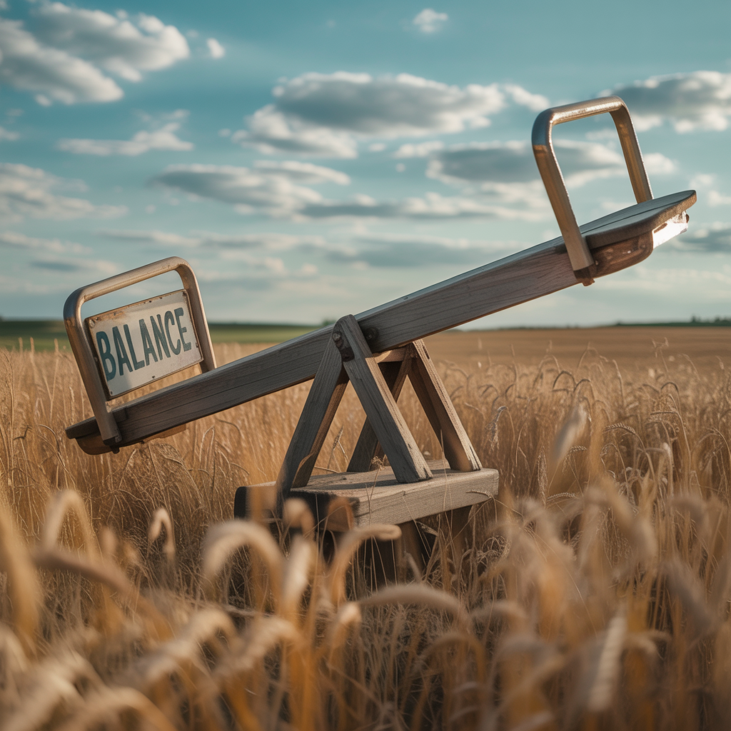 Unbalanced wooden seesaw tipped heavily to one side.