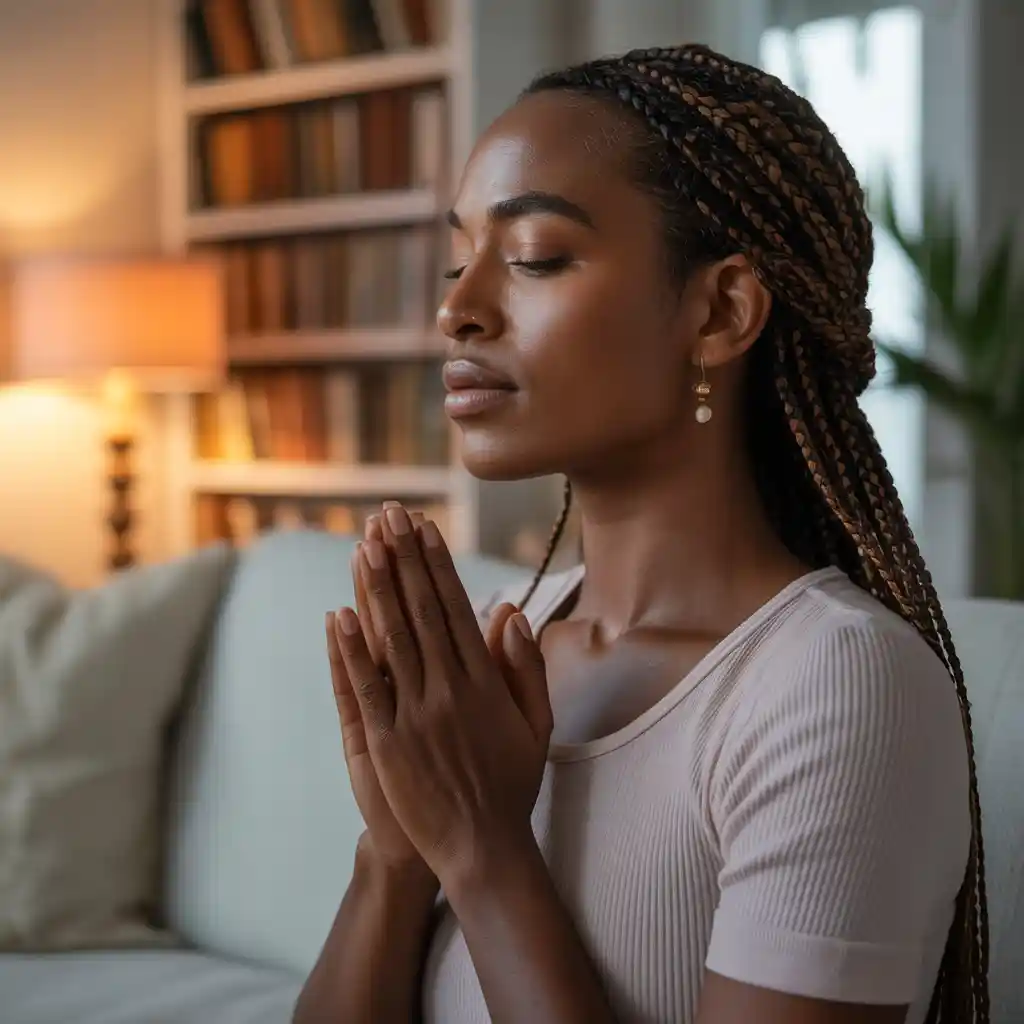 Woman in prayer position with hands clasped and head bowed, illustrating drawing near to God during times of anxiety and struggle.