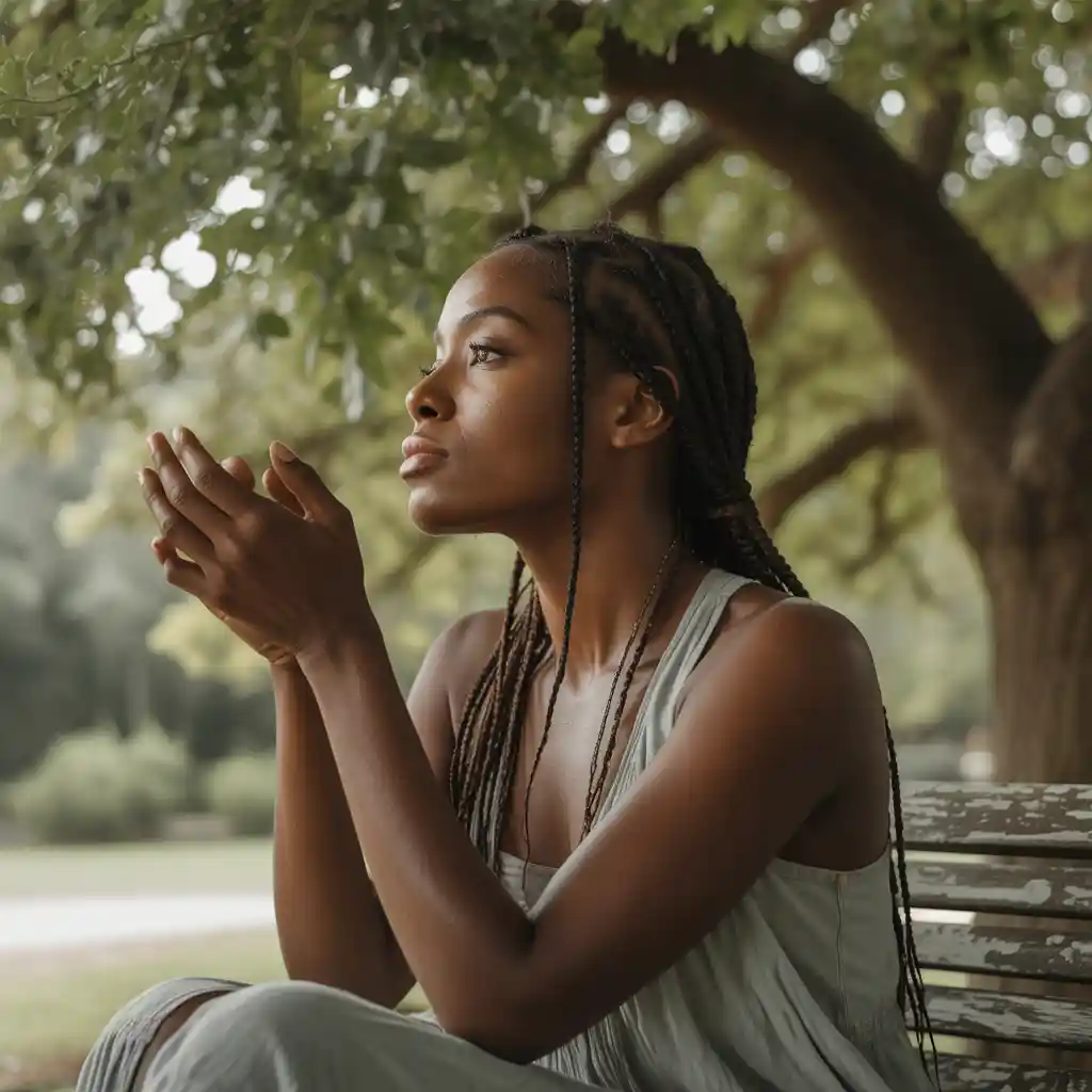Thoughtful woman sitting on a park bench in natural light, reflecting peacefully.