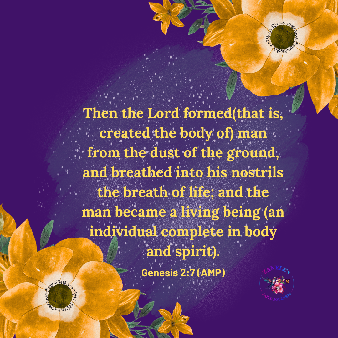 Decorative Genesis 2:7 scripture purple graphic with floral accents.