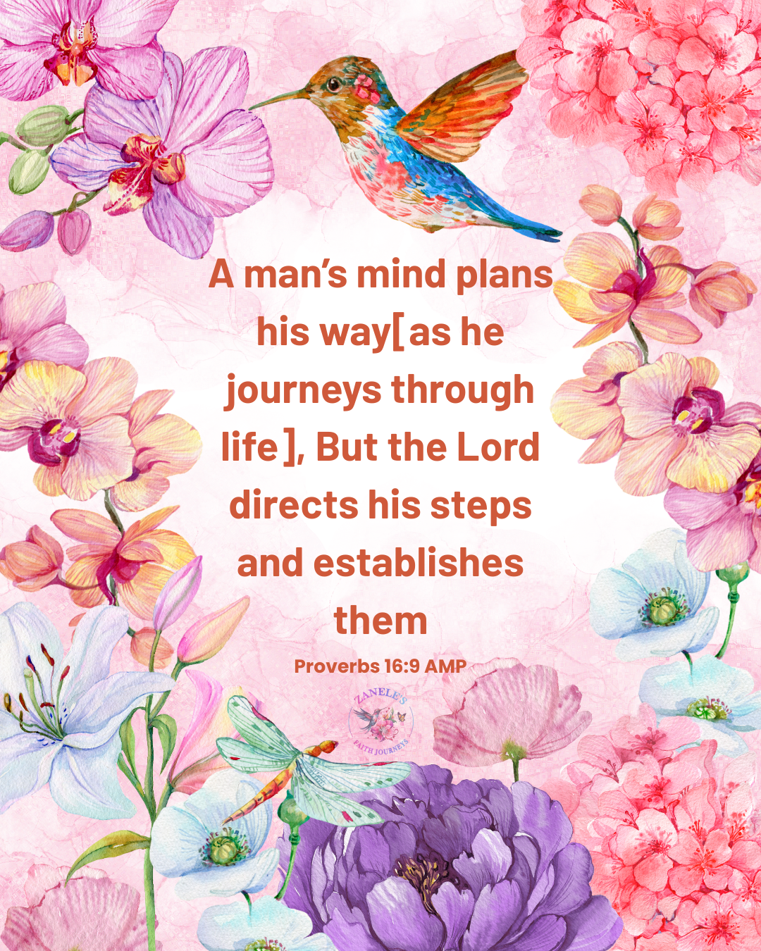 Scripture graphic featuring Proverbs 16:9 about God directing steps, decorated with colorful hummingbird and watercolor flowers in pink and purple tones.