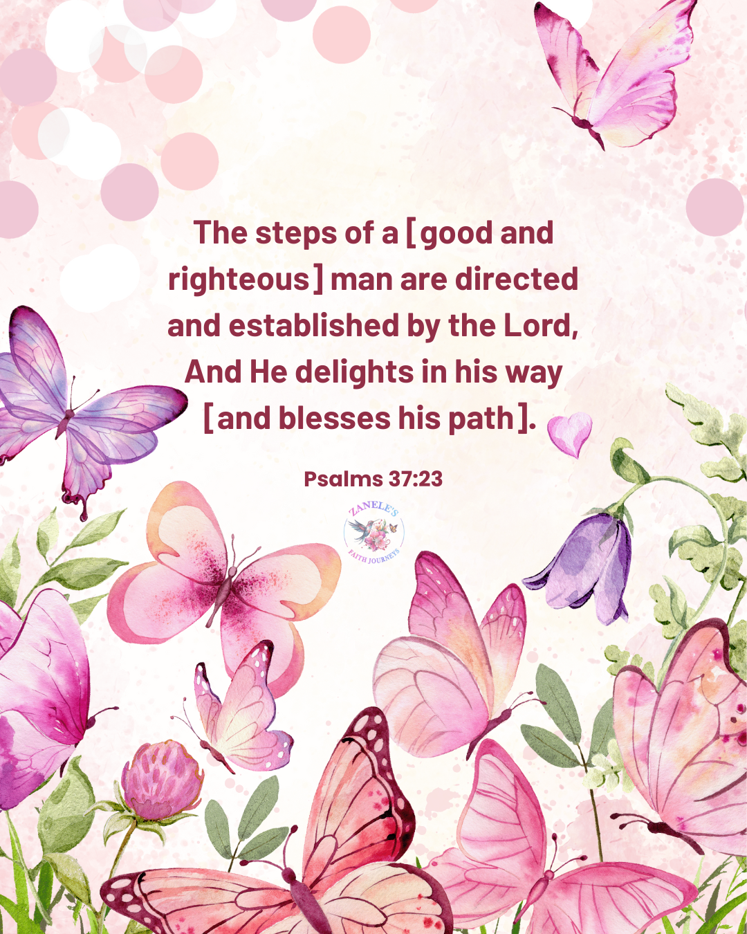 Scripture graphic featuring Psalm 37:23 about God directing steps, decorated with pink and purple watercolor butterflies and floral elements.