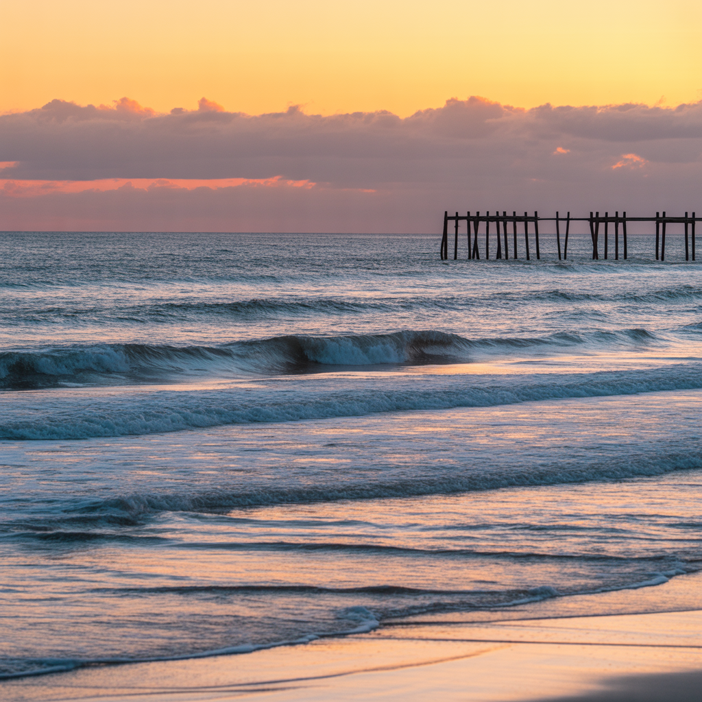 Golden sunrise over calm ocean waves.