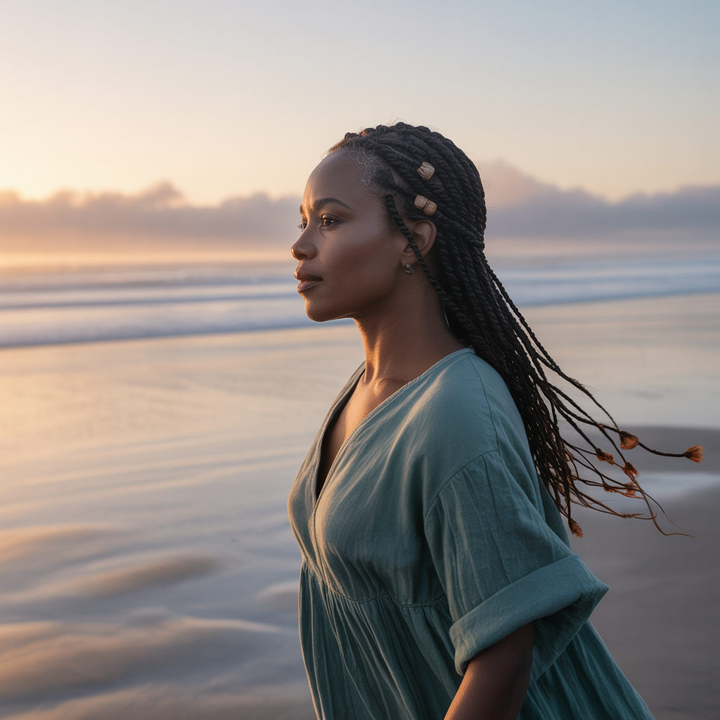 Woman walking along a quiet beach reflecting and talking to God during a season of healing and faith.
