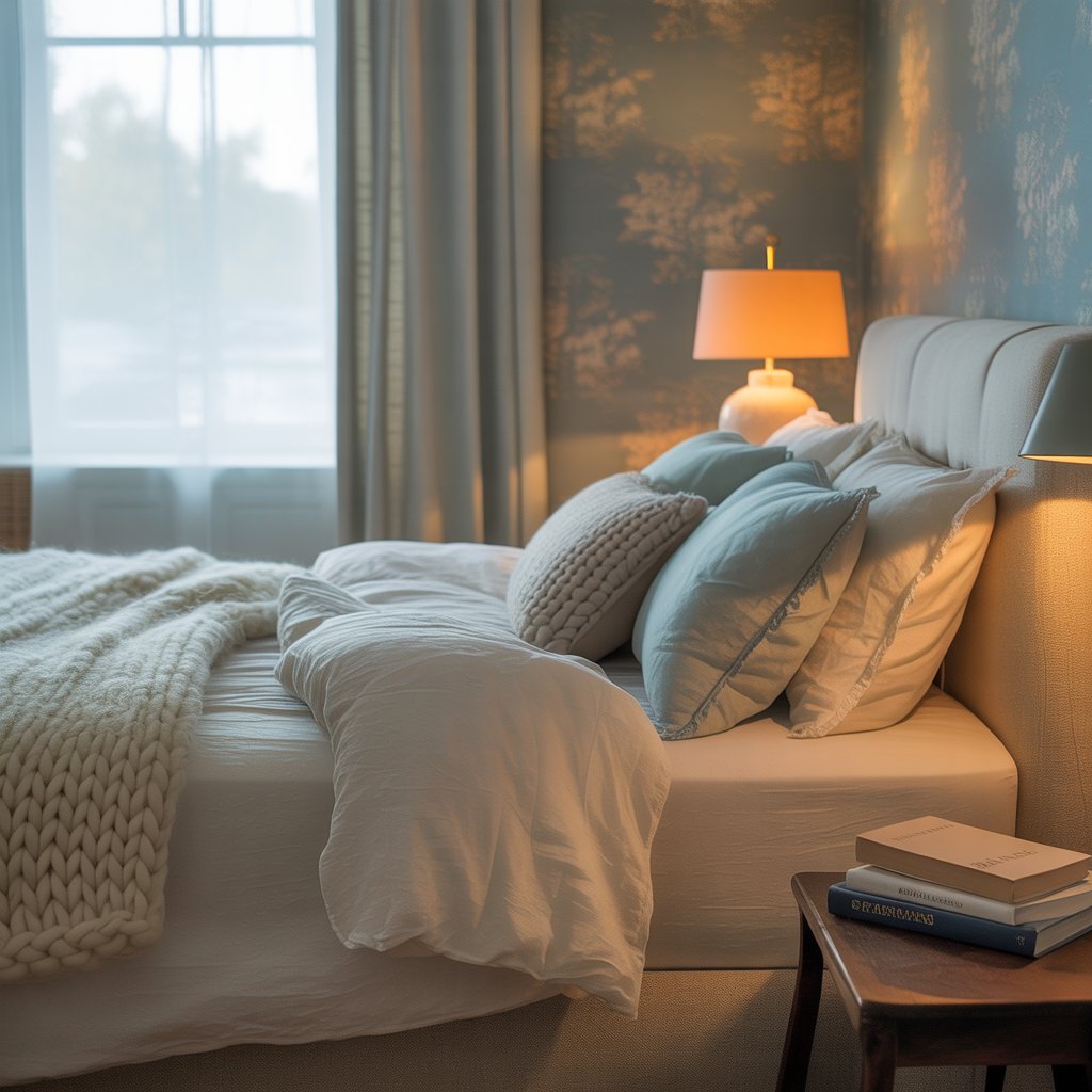 Peaceful bedroom interior, symbolizing sleep as restoration and faith-based self-care.