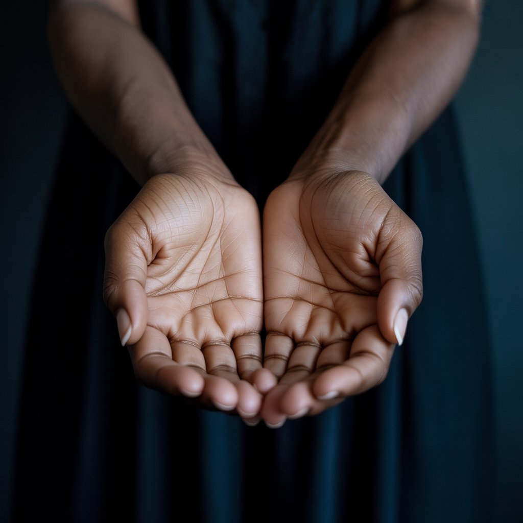 Close-up of open hands extended with palms up, symbolizing openness and surrender.
