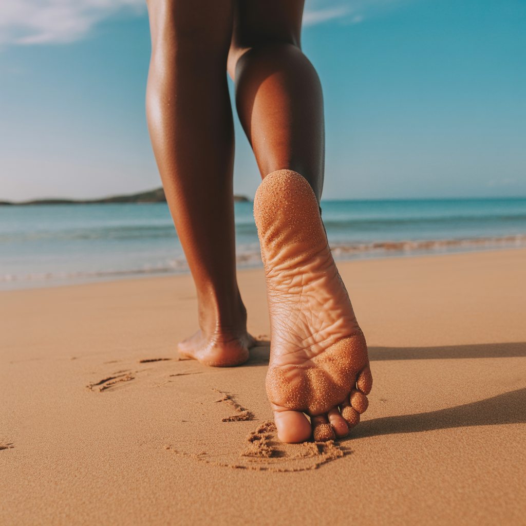 Bare feet standing on the beach in morning light, symbolizing grounding and peace.