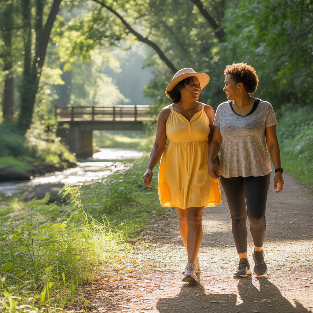 Women walking on nature trail representing community and shared wisdom in personal growth.